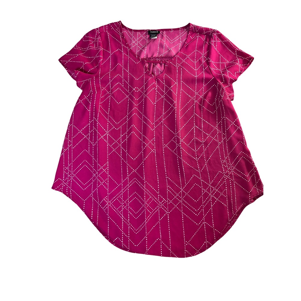 Torrid Pink White Geometric Dot Georgette Blouse sz 0 (L-12) Short Sleeve V-Neck